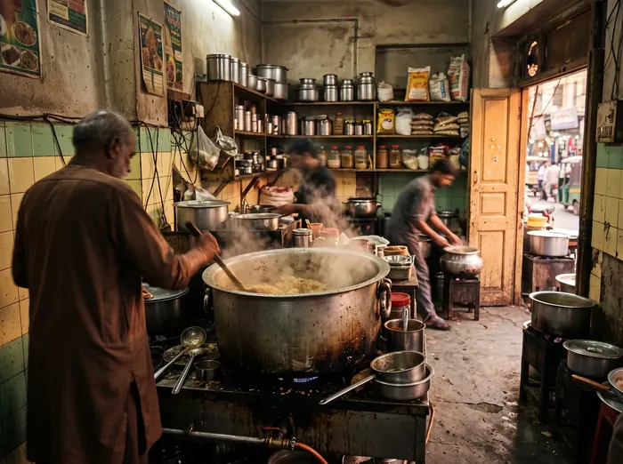 Old-school Karachi biryani kitchen with a large steaming pot